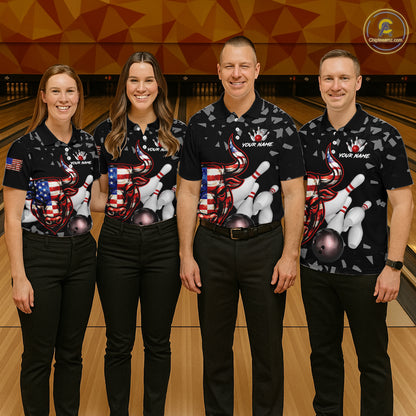 Funny US Flag Bull Grunge Bowling Polo & 1/4 Zip Shirts For Men Custom Team Bowling Jerseys NYN3130