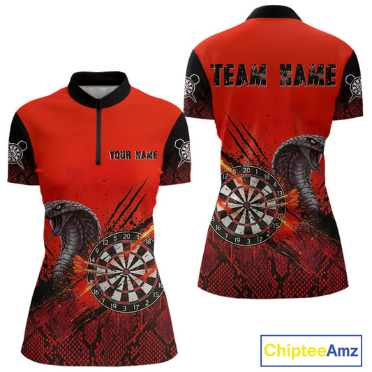 Black & Red Leather Cobra Darts Custom Women Dart 1/4-Zip Jersey Splatter Dart League Shirt NYN2047