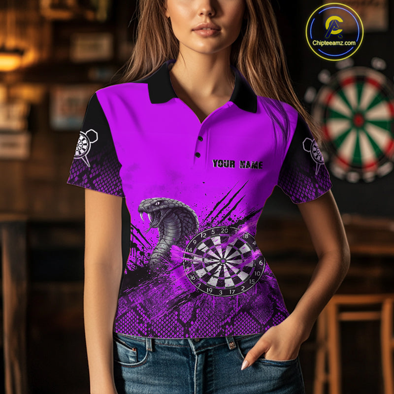 Black & Purple Leather Cobra Darts Custom Women Dart Polo Jersey Splatter Dart League Shirt NYN2048