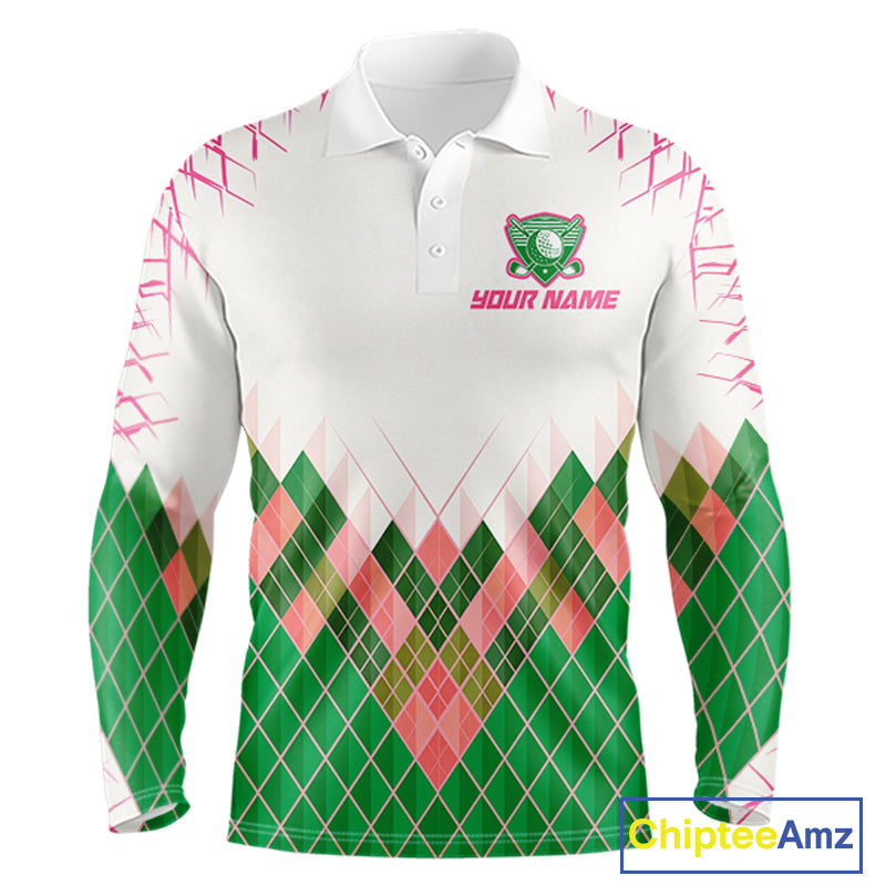 Mens Golf Clothing Green And Pink Argyle Pattern Golf Polo Shirt Custom Golf Upf Shirts NYN2930