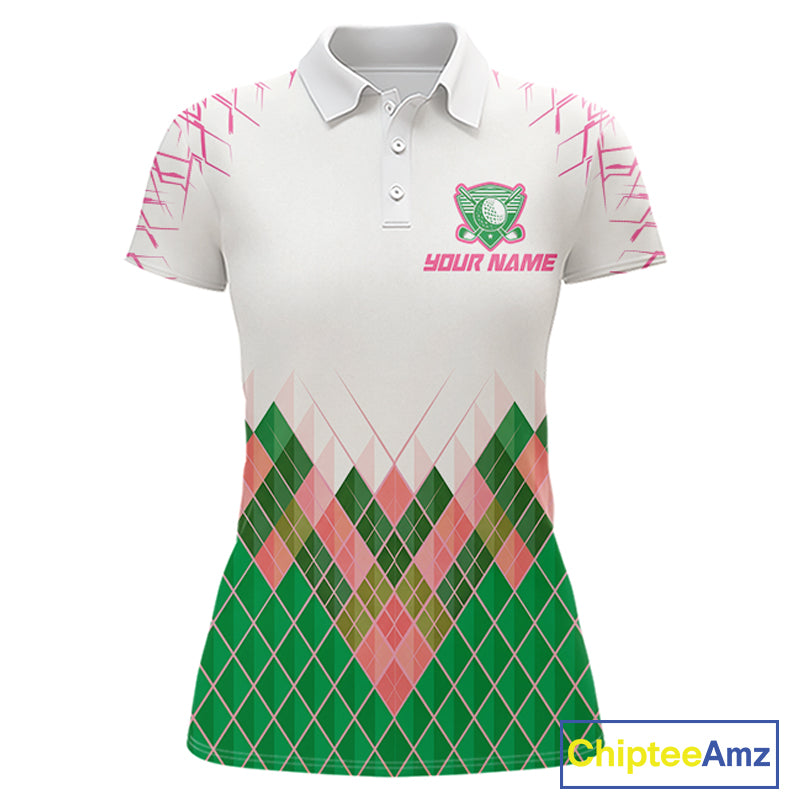 Women Golf Clothing Green And Pink Argyle Pattern Golf Polo Shirt Custom Golf Upf Shirts NYN2930