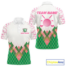 Load image into Gallery viewer, Mens Golf Clothing Green And Pink Argyle Pattern Golf Polo Shirt Custom Golf Upf Shirts NYN2930