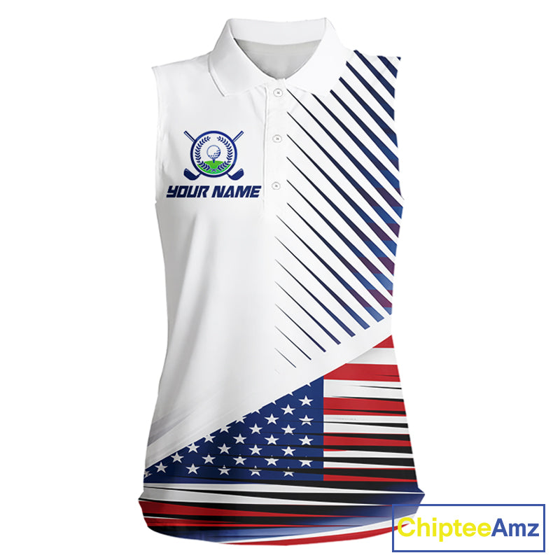 Patriotic Women Golf Shirts Golf Clothing Custom American Flag Sleeveless Polo Shirt, Gifts For The Golfer NYN2932