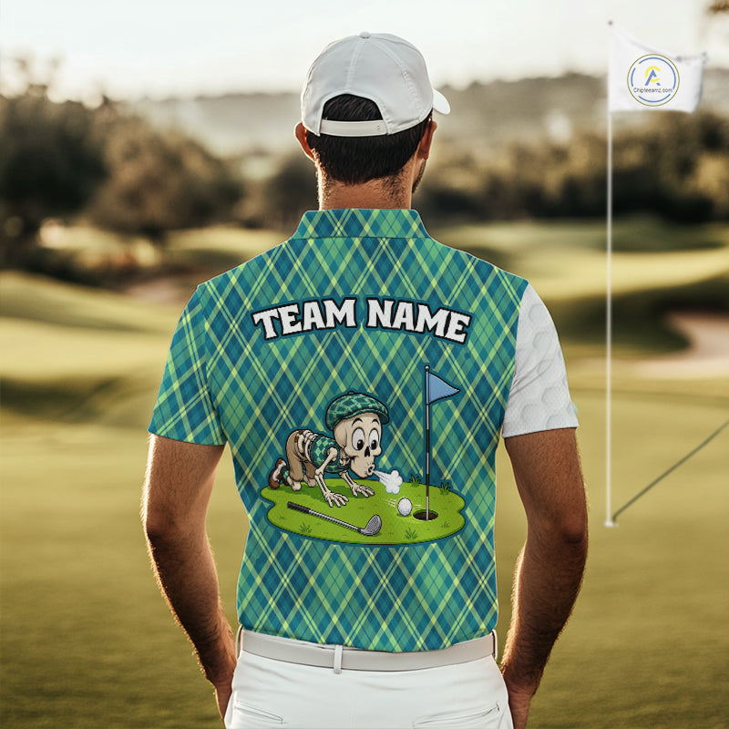 Green And Blue Argyle Golf Apparel Funny Skeleton Golf Polos For Men Custom Golf Team Outfits NYN3323