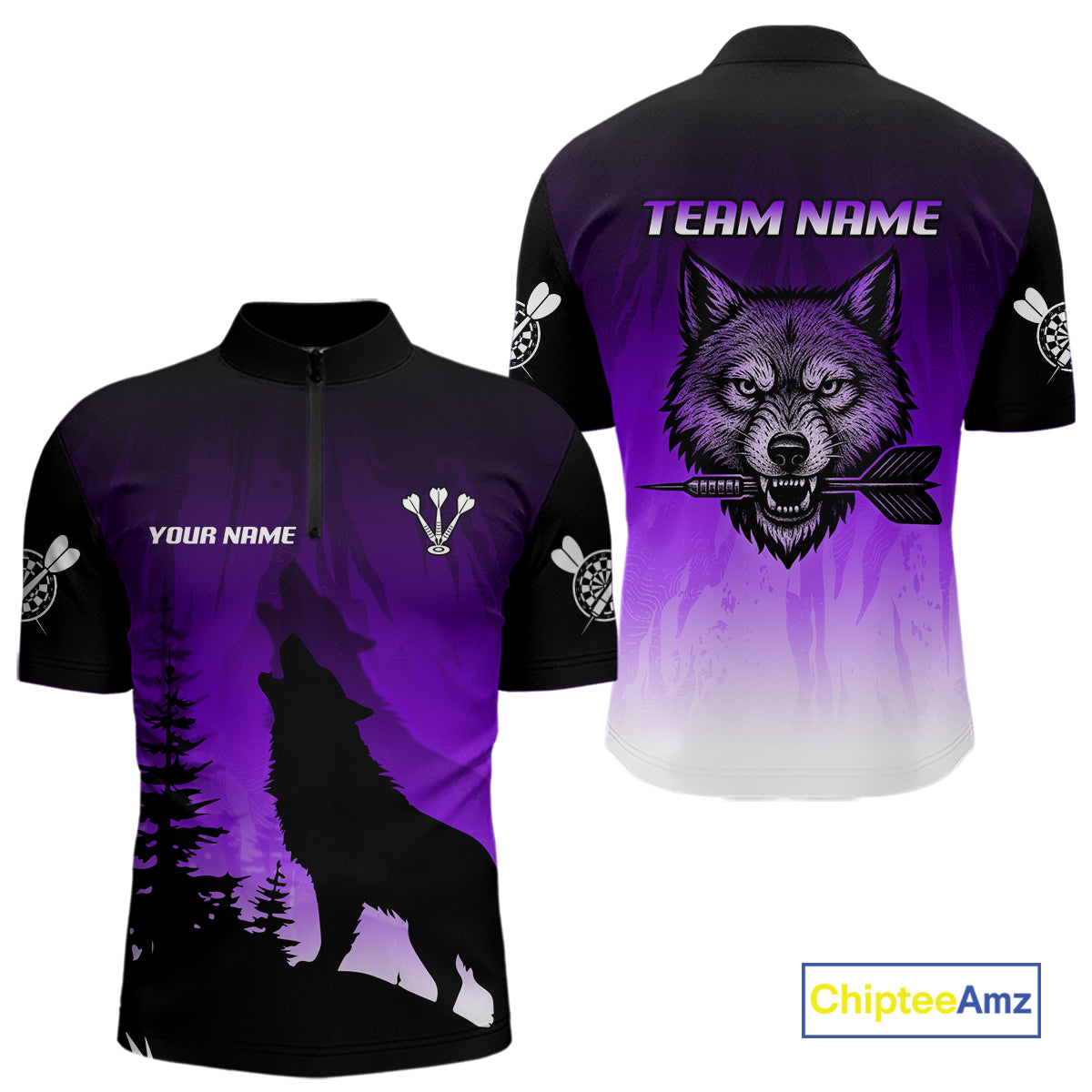 Personalized Wolf-Head Dart Arrows Purple Dart Quarter-Zip Shirt For Men Dart Team Jerseys NYN2283