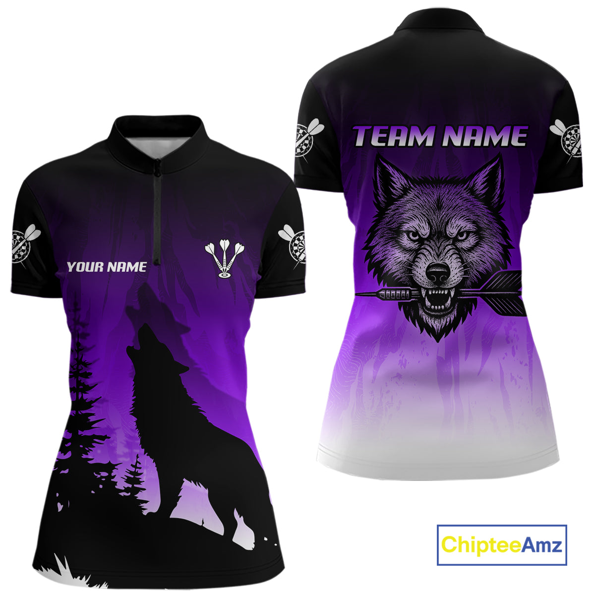 Personalized Wolf-Head Dart Arrows Purple Dart Quarter-Zip Shirt For Women Dart Team Jerseys NYN2283
