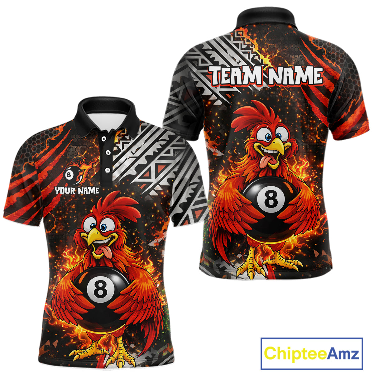 Funny Rooster Plays Pool 8 Ball 3D Billiard Shirt For Men Custom Grunge Flame Billiard Team Attire NYN2566