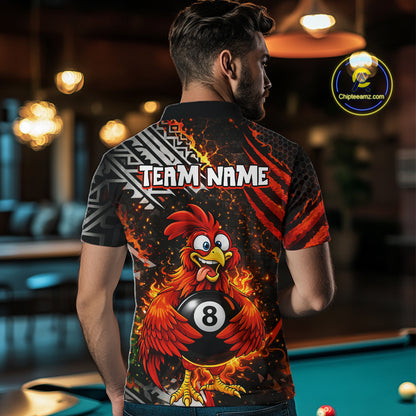 Funny Rooster Plays Pool 8 Ball 3D Billiard Shirt For Men Custom Grunge Flame Billiard Team Attire NYN2566