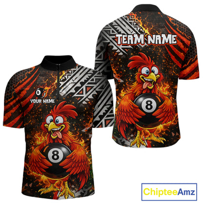 Funny Rooster Plays Pool 8 Ball 3D Billiard Shirt For Men Custom Grunge Flame Billiard Team Attire NYN2566