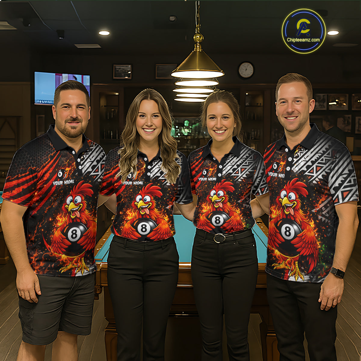 Funny Rooster Plays Pool 8 Ball 3D Billiard Shirt For Men Custom Grunge Flame Billiard Team Attire NYN2566