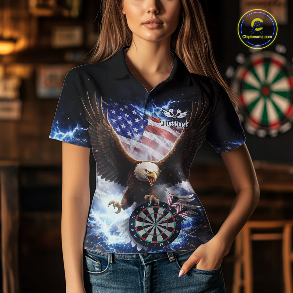 US Flag Smoke Eagle Lightning Dartboard Women Darts Shirt Personalized Patriotic Dart Polo Jerseys NYN2575