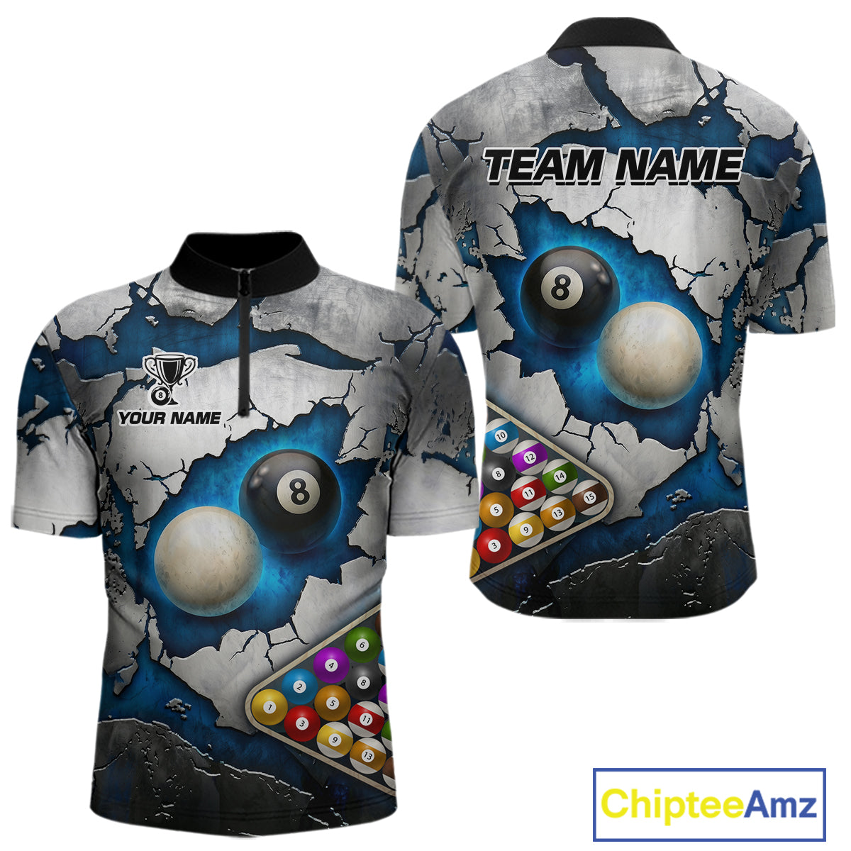 Blue And Grey Cracked 8 Ball Billiard Polo & 1/4 Zip Shirt For Men Custom Billiard Pool Team Shirt NYN2942