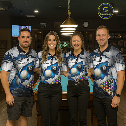 Blue And Grey Cracked 8 Ball Billiard Polo & 1/4 Zip Shirt For Women Custom Billiard Pool Team Shirt NYN2942