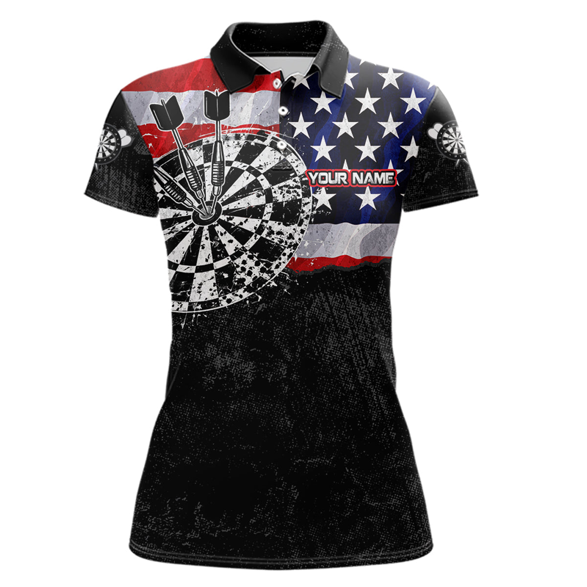 American Flag Grunge Dartboard Women's Dart Polo Shirt, Personalized Patriot Dart Team Jersey, Vintage USA Performance Polo, Freedom, Honor