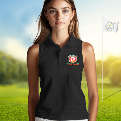 Tropical Black Golf Ball Sleeveless Polo Golf Shirts For Women Custom Splatter Golf Team Attire For Golfers NYN3153