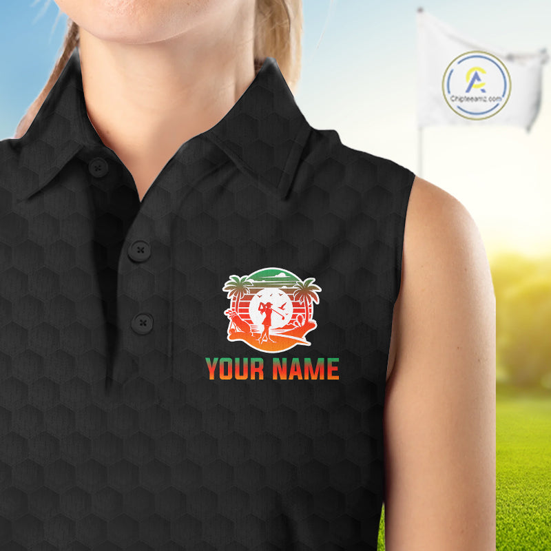 Tropical Black Golf Ball Sleeveless Polo Golf Shirts For Women Custom Splatter Golf Team Attire For Golfers NYN3153