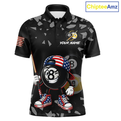 US Flag Funny 8 Ball Pool Polo Shirt For Men, Patriotic Billiard Team Jersey, Custom Pool League Apparel, Personalized Uniform