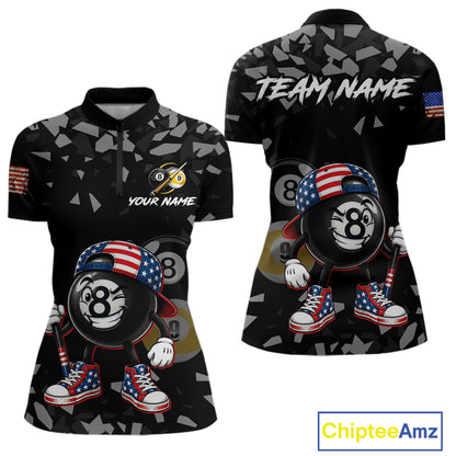 US Flag Funny 8 Ball Women's Billiard Quarter-Zip Shirt Personalized Pool League Uniform