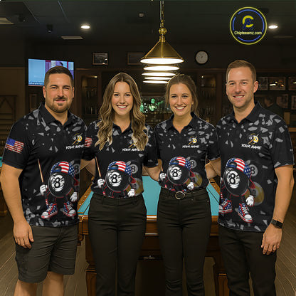 Men women pool team wearing patriotic US Flag Funny 8 Ball billiard jerseys