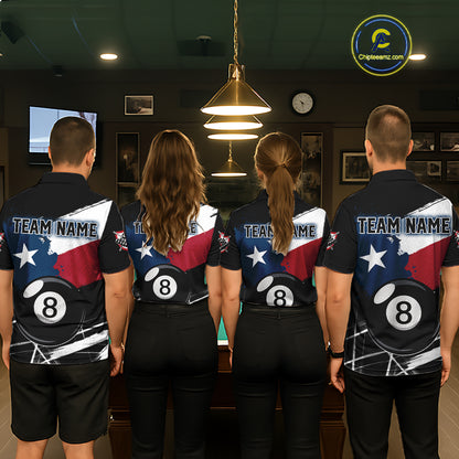 Men women billiard team wearing Texas Flag Splash patriotic pool jerseys