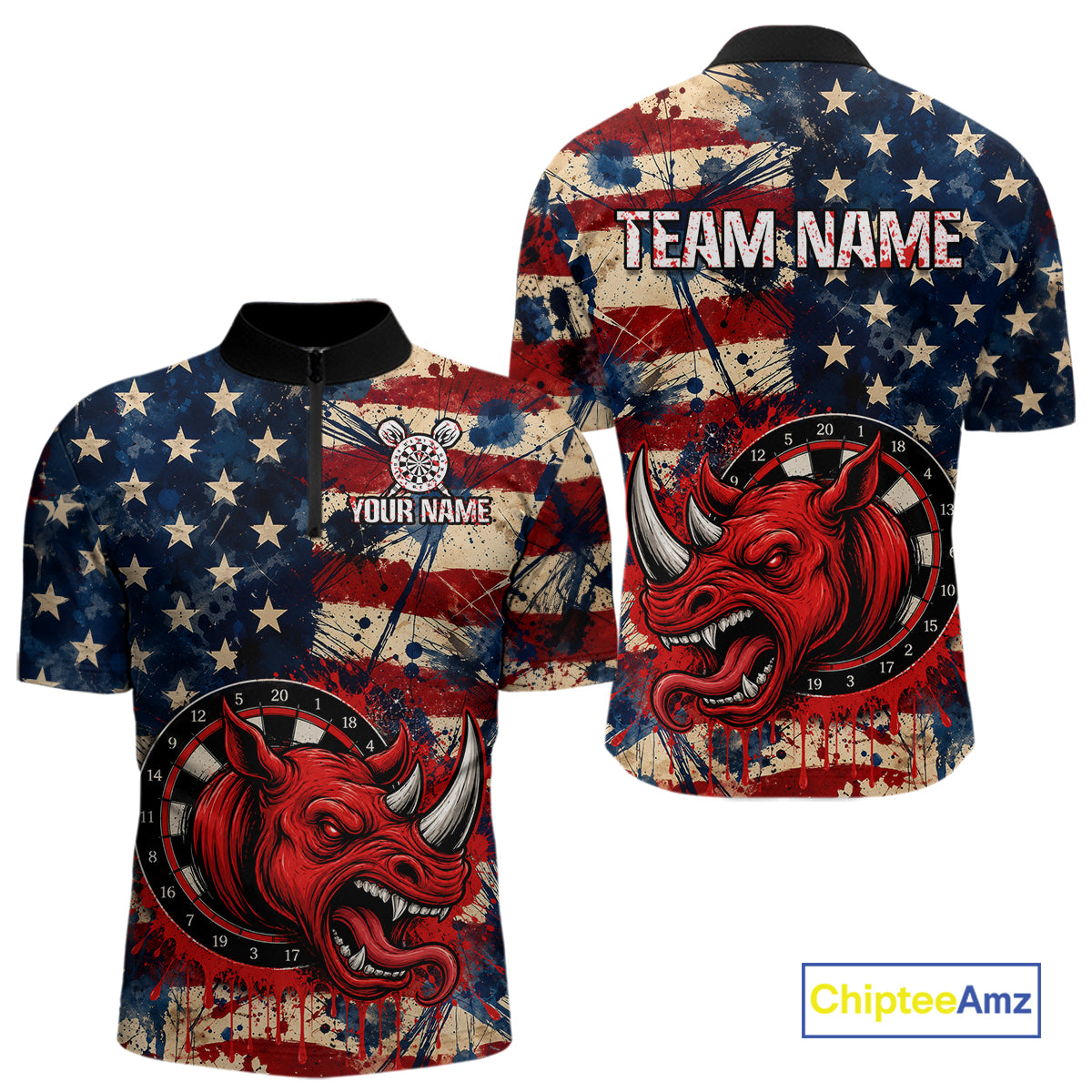 Red dripping rhino dart 1/4-zip shirt for men grunge American flag apparel