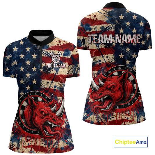 Red dripping rhino dart 1/4-zip shirt for women grunge American flag apparel