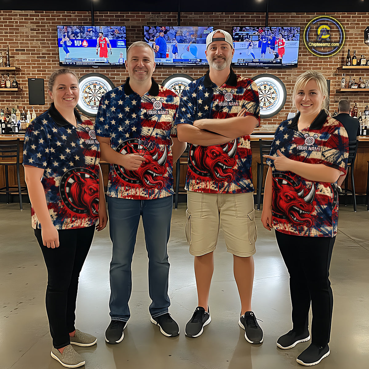 Red Dripping Rhino Funny Men Darts Polo 1/4-Zip Shirt Custom Grunge American Flag Dartboard Apparel NYN3358