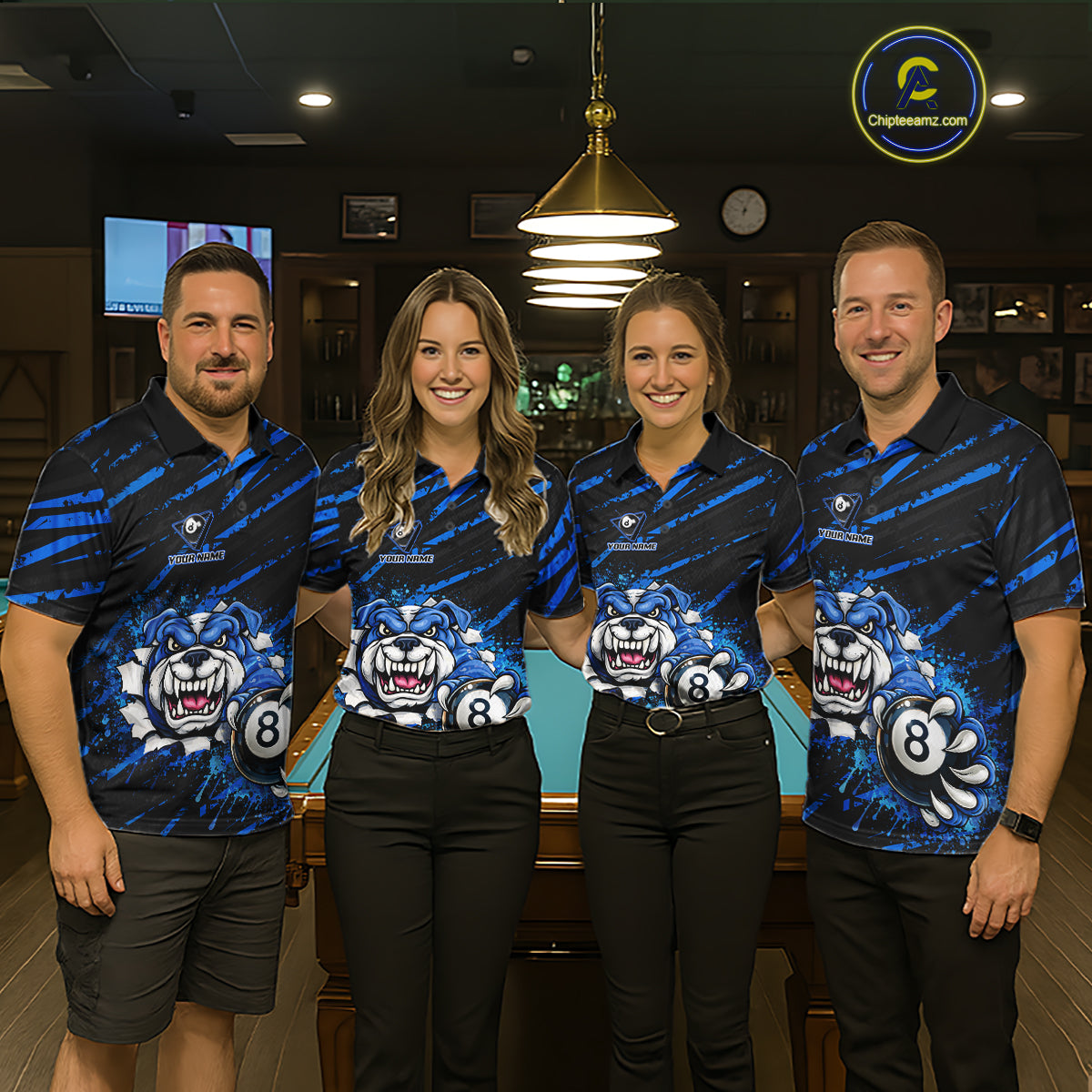 Blue Splatter Ball 8 Billiard Jerseys For Men Custom Funny Bulldog Billiard Team Jersey NYN2319
