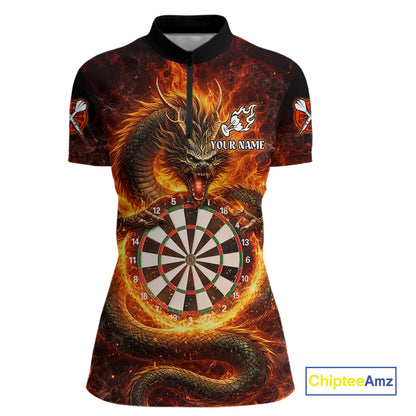 Personalized Red Flaming Dragon Dartboard Women Darts 1/4-Zip Shirt Custom Darts Team Jerseys NYN2582