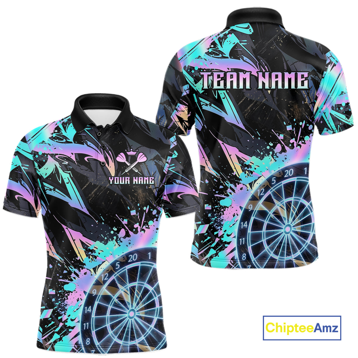 Holographic Splatter Dartboard Men Dart Polo & 1/4-Zip Shirt Custom Name Dart Jersey For Darters NYN2966