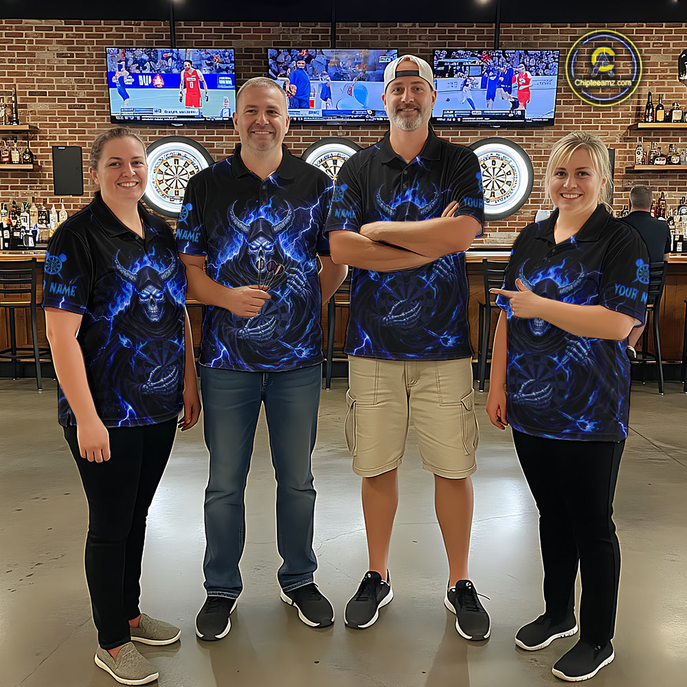 Blue Neon Flaming Grim Reaper Women Darts Polo Jerseys Custom Name Dart League Shirt NYN2065