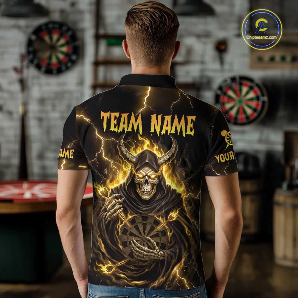 Yellow Neon Flaming Grim Reaper Men Darts Polo Jerseys Custom Name Dart League Shirt NYN2066