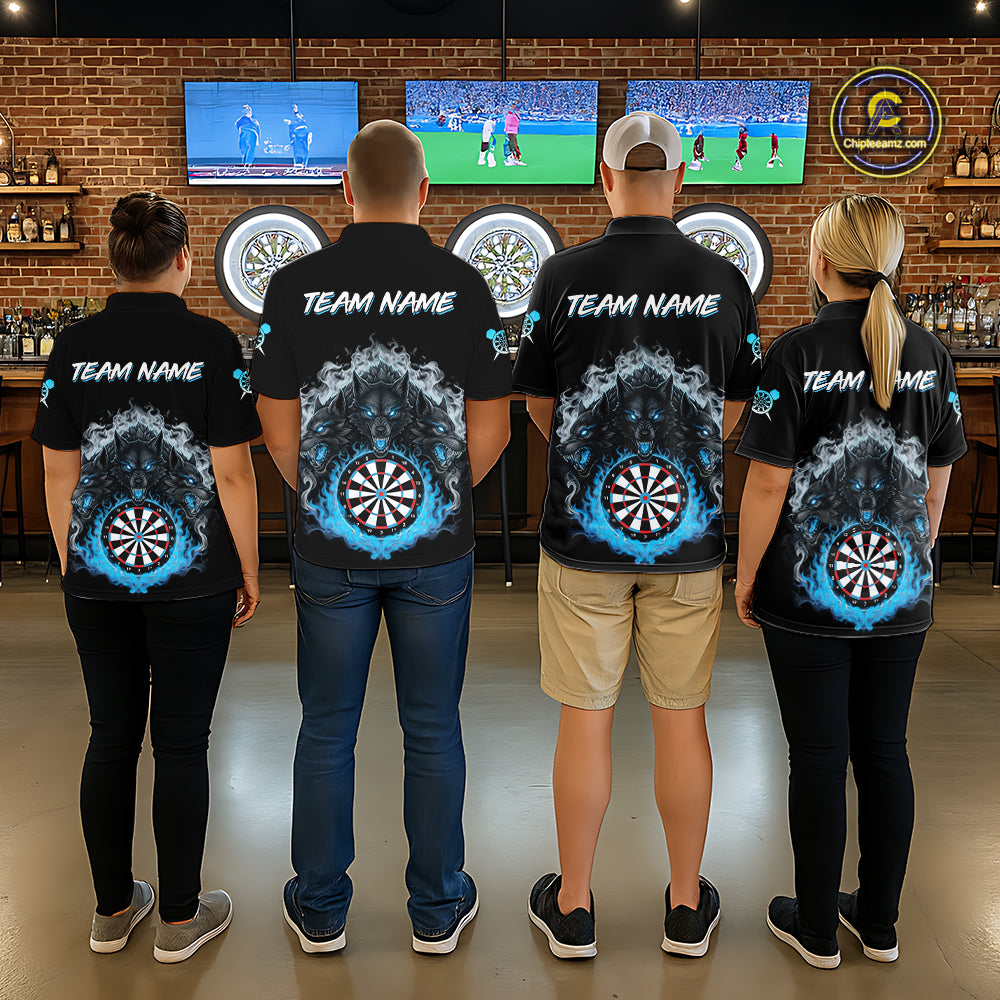 Grey And Blue Flames Wolf Custom Men's Funny Dart Quarter-Zip Shirts Team Dart League Jerseys NYN2079