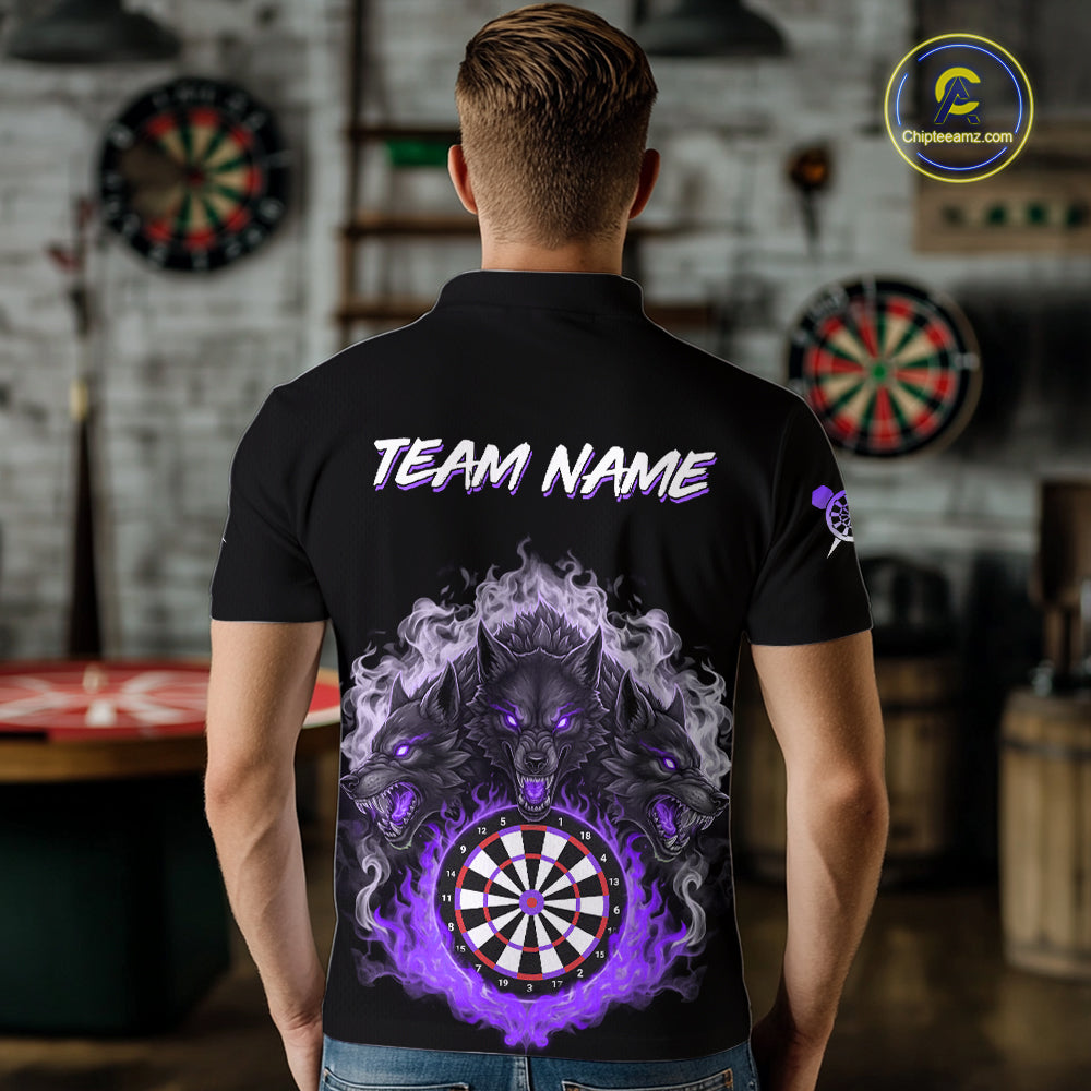 Grey And Purple Flames Wolf Custom Men's Funny Dart Polo Shirts Team Dart League Jerseys NYN2080