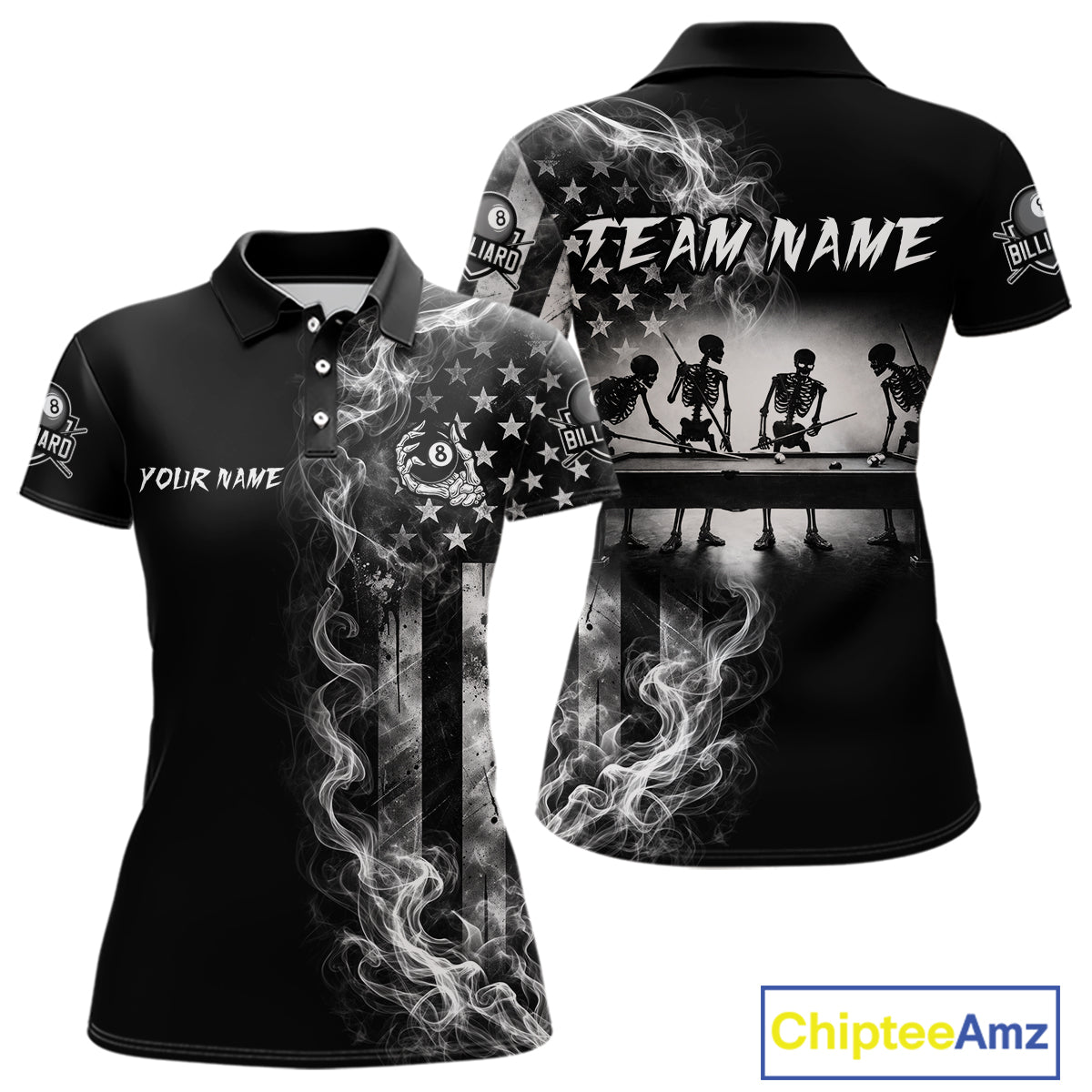 Grey Smokes American Flag 8 Ball Billiard Pool Shirt For Women Custom Billiard Skeleton Team Apparel NYN2764