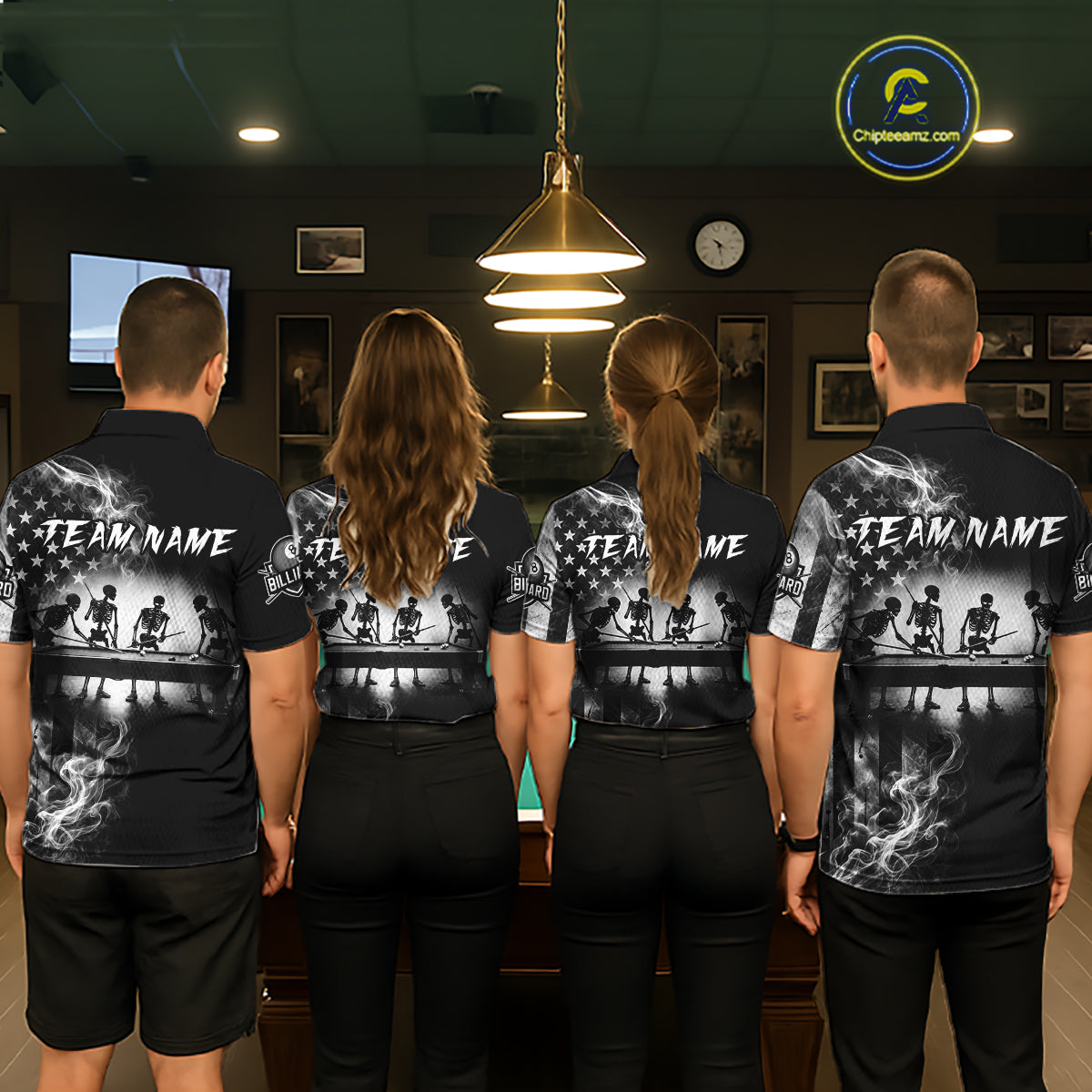 Grey Smokes American Flag 8 Ball Billiard Pool Shirt For Men Custom Billiard Skeleton Team Apparel NYN2764