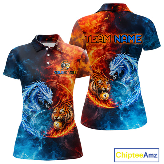 Dragon 8 Ball Tiger 9 Ball Women's Billiard Polo Shirt, Water Fire Pool Team Jersey, Personalized Dragon Tiger Cue Sports Apparel, Mythical Tournament Uniform