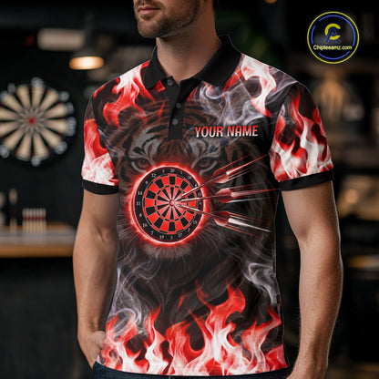 Red Flaming Tiger Men Dart Polo Shirts Personalized Name & Team Fire Flame Dart Jerseys NYN2102