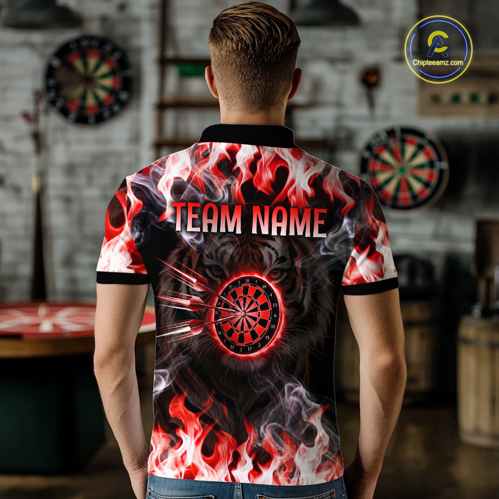 Red Flaming Tiger Men Dart Polo Shirts Personalized Name & Team Fire Flame Dart Jerseys NYN2102