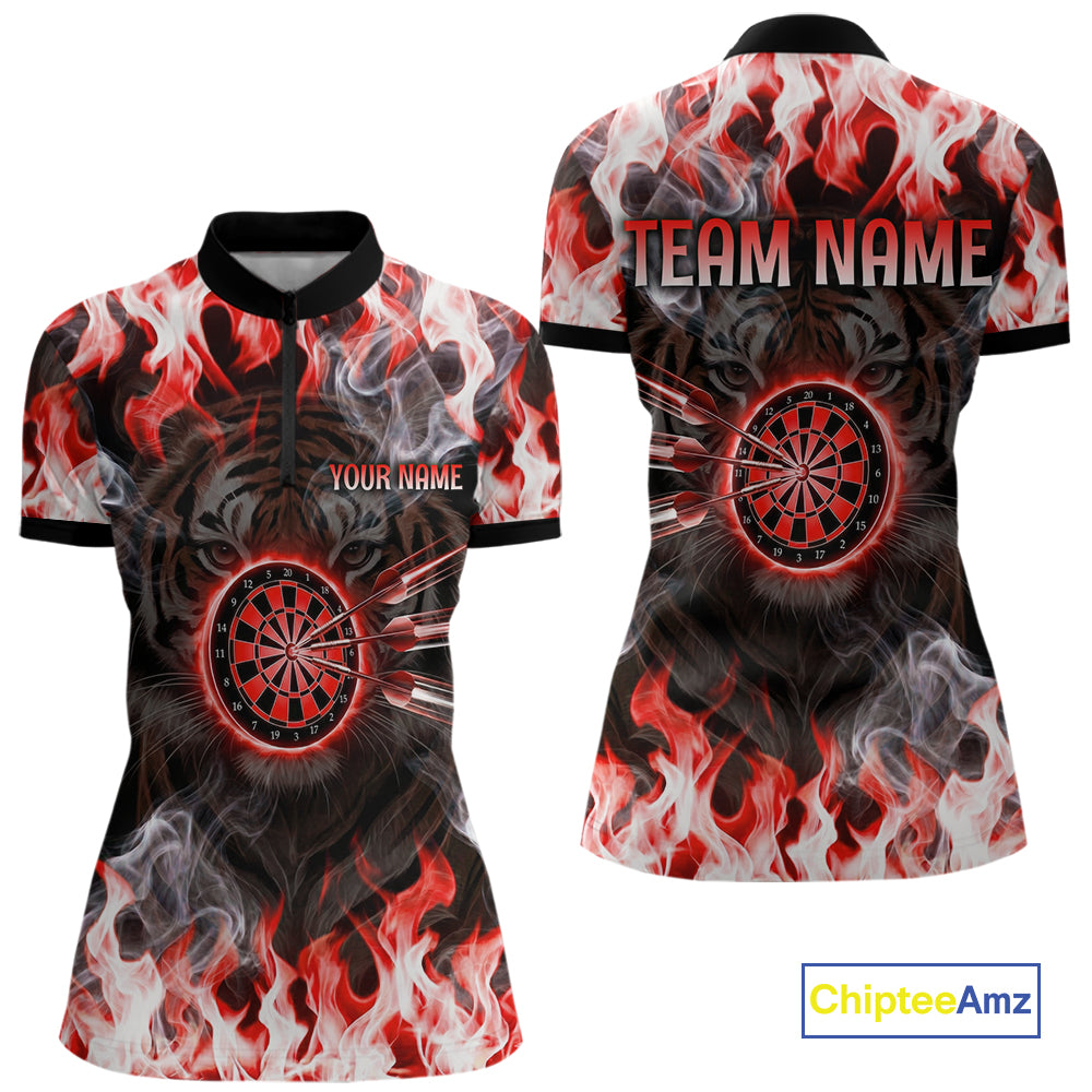 Red Flaming Tiger Women Dart 1/4-Zip Shirts Personalized Name & Team Fire Flame Dart Jerseys NYN2102