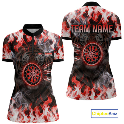 Red Flaming Tiger Women Dart 1/4-Zip Shirts Personalized Name & Team Fire Flame Dart Jerseys NYN2102
