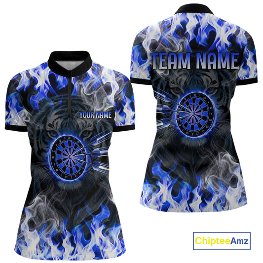 Blue Flaming Tiger Women Dart 1/4-Zip Shirts Personalized Name & Team Fire Flame Dart Jerseys NYN2103