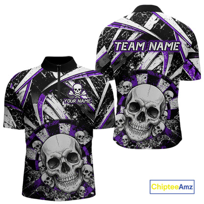Black & Purple Dartboard Grunge Men Darts 1/4-Zip Shirts Custom Multi-Skull Dart Team Jerseys NYN2350