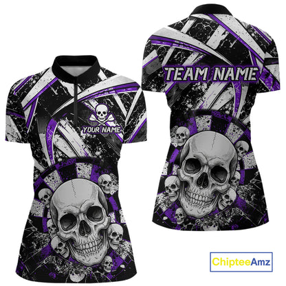 Black & Purple Dartboard Grunge Women Darts 1/4-Zip Shirts Custom Multi-Skull Dart Team Jerseys NYN2350