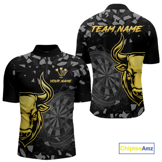 Bull & Dartboard Custom Grunge Men's Darts 1/4-Zip Shirt Yellow Darts Team Jersey NYN2352