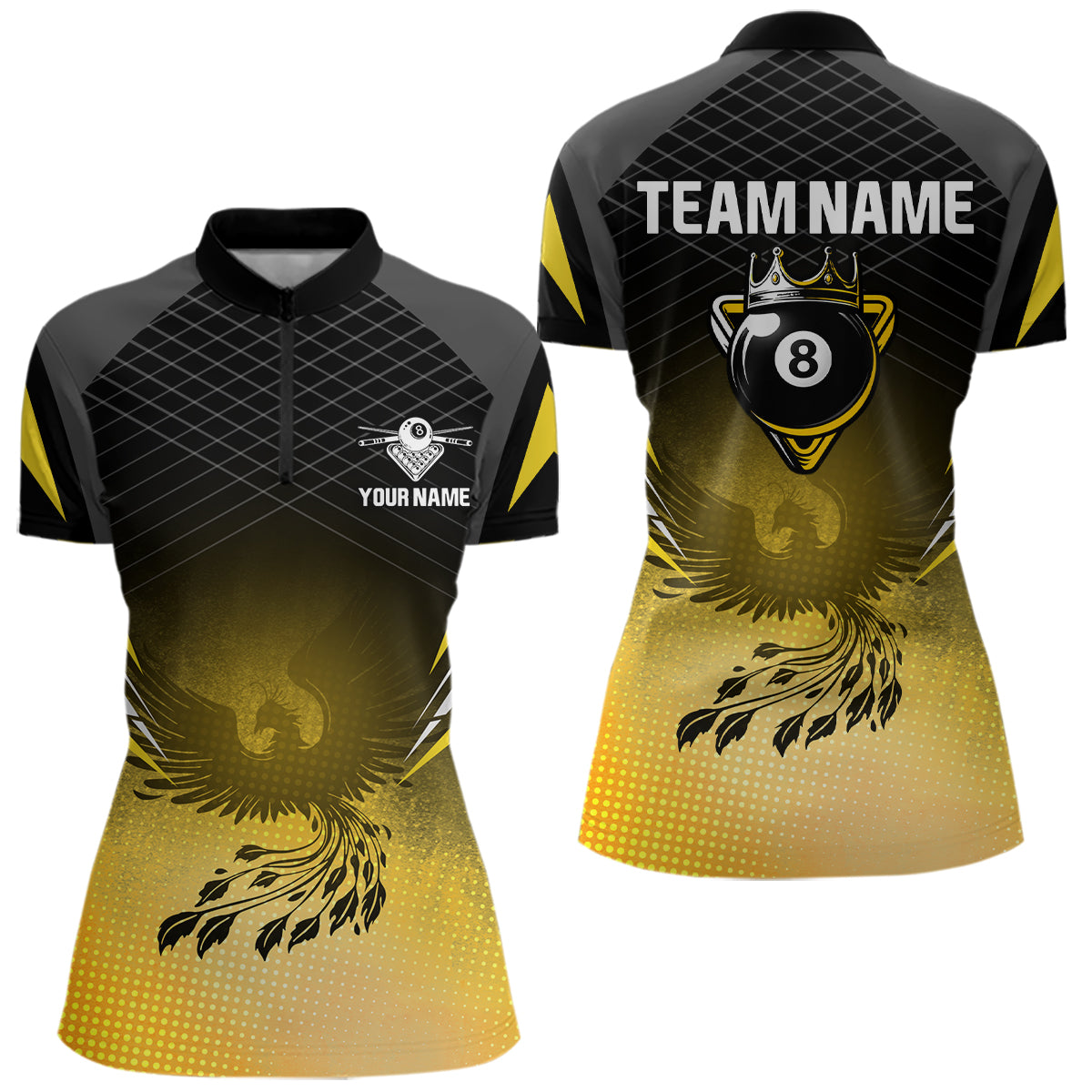 Black And Yellow Crown Pool 8 Ball Women Billiard Shirt Custom Billiard Polo & 1/4 Zip Attire NYN2367