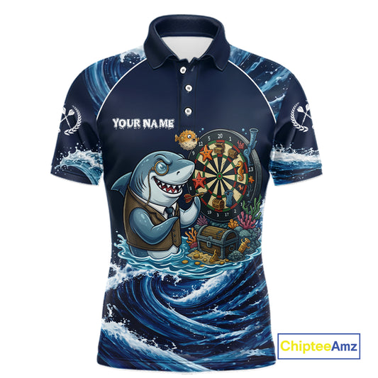 Blue Waving Funny Shark Play Darts Polo & 1/4-Zip Shirt For Men Custom Name Dart Jersey For Darters NYN2977