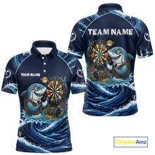 Load image into Gallery viewer, Blue Waving Funny Shark Play Darts Polo &amp; 1/4-Zip Shirt For Men Custom Name Dart Jersey For Darters NYN2977