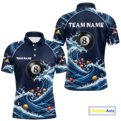 Blue Waving 8 Ball Pool Shirts Custom Billiard Pool Shirts For Men 3D Billiard Team Attire NYN2978