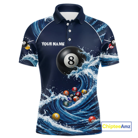Blue Waving 8 Ball Pool Shirts Custom Billiard Pool Shirts For Men 3D Billiard Team Attire NYN2978